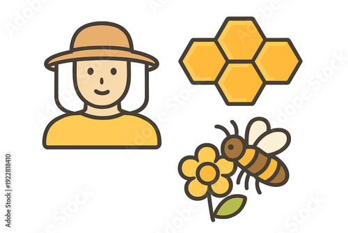A flat cartoon clipart set featuring a smiling beekeeper in a protective hat, a golden honeycomb structure, and a honeybee flying near a yellow flower on a black background.