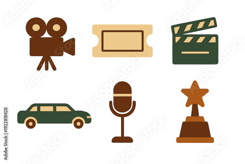 A collection of six flat vector icons representing cinema and red carpet events, including a movie camera, ticket, clapperboard, limousine, microphone, and a star award trophy.