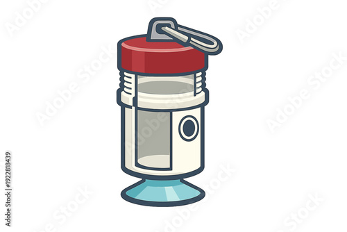 A stylized vector illustration of a small cylindrical gadget or lantern with a red lid and a white body. It features a metal clip on top and sits on a blue base against a black backdrop.