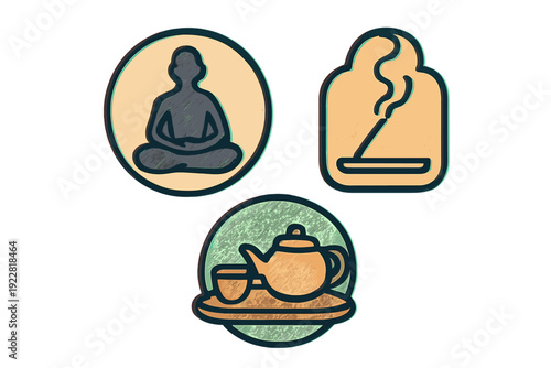 A set of three stylized badges featuring a person in a meditation pose, a burning incense stick with smoke, and a teapot with a cup on a tray, all presented in a flat graphic style.