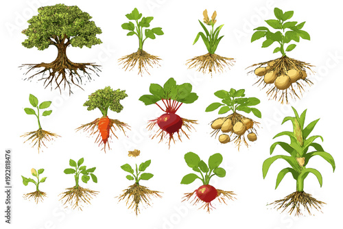 Illustration of various plants and a tree showing their root systems against a black background. Includes carrots, beets, potatoes, and corn at different growth stages.
