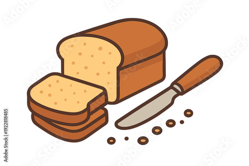 A cartoon illustration of a loaf of bread with two slices cut off and placed next to it, accompanied by a butter knife on a black background with small crumbs scattered around.