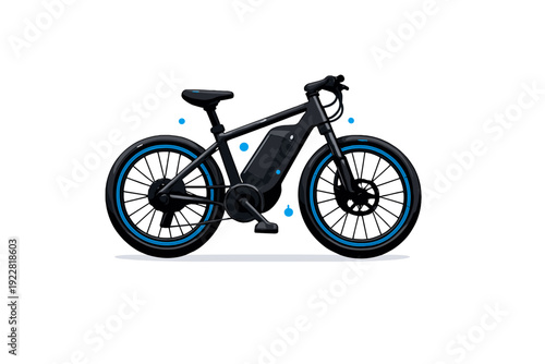 A sleek black electric bicycle illustration featuring blue accents on the wheel rims and a battery pack on the frame, set against a dark background with minimalist blue dots.