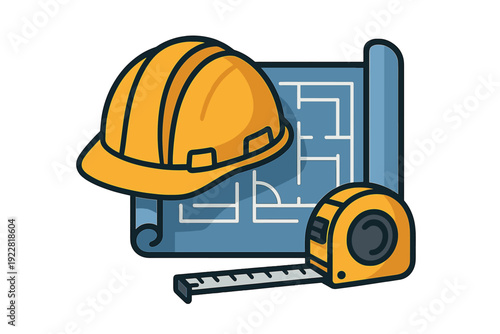 A vector illustration featuring a yellow hard hat, a blue architectural blueprint, and a yellow tape measure, representing construction, engineering, and building design concepts.