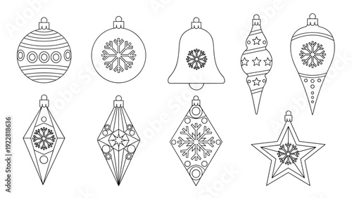 Selection of various Christmas bauble and ornament line art icons including stars, bells, and snowflakes for holiday seasonal decorations.