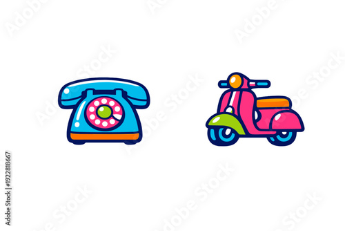 This vibrant illustration depicts a blue retro rotary telephone alongside a pink and green motor scooter. Both objects are stylized with thick outlines and bright colors.