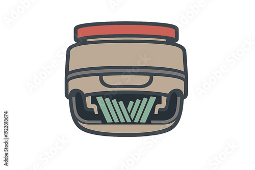 This minimalist vector illustration depicts a robotic vacuum cleaner with a red lid and green cleaning brushes. The tan and grey device is centered against a solid black background.