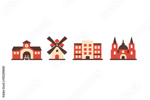 A set of four stylized building icons including a train station, a windmill, an apartment block, and a cathedral, presented in a flat design style on a solid black background.