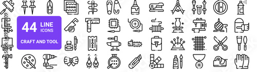 Set of 44 thin line craft and tool icons. Paint roller, clamp, easel, scissors, sewing, knitting. Outline vector illustration pack