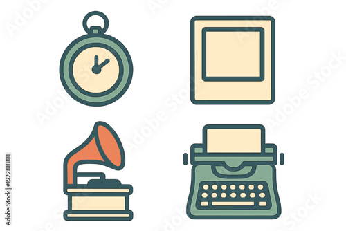 A set of four flat vector icons featuring vintage objects including a pocket watch, a photo frame, a gramophone, and a typewriter, all designed in a clean and minimal retro style.