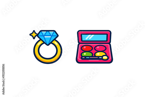 This vibrant illustration features a gold ring set with a large blue diamond and a pink makeup palette containing four different colors and an applicator on a black background.