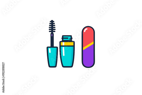 A flat design illustration depicts essential beauty tools including a mascara wand with its tube and a vibrant nail file, all presented as stickers on a black backdrop.