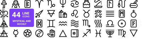 Set of 44 thin line mystical and spiritual icons. Zodiac signs, occult symbols, esoteric elements. Outline vector illustration pack for web design