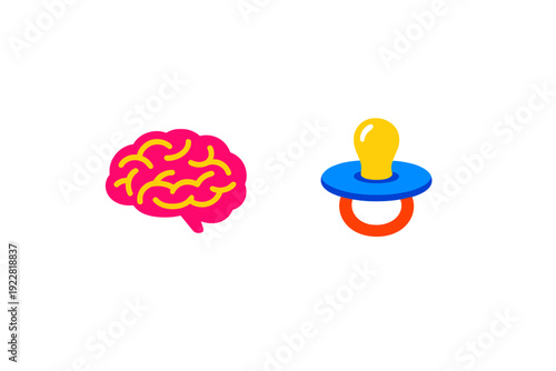 This illustration features a pink brain with yellow lines positioned beside a colorful baby pacifier with a blue shield and orange ring on a plain black background.