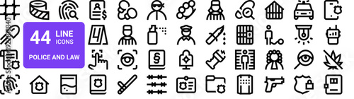 Set of 44 thin line police and law enforcement icons. Includes jail, badge, handcuffs, crime, detective, security symbols. Vector illustration pack