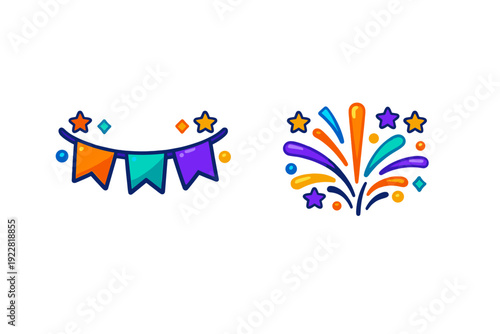 A festive illustration featuring a colorful bunting garland and a vibrant firework burst against a black background. The design uses bright orange, teal, and purple tones with stars.
