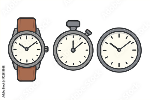A flat illustration featuring three different timekeeping devices including a wristwatch with a brown strap, a stopwatch, and a simple round clock face against a black background.