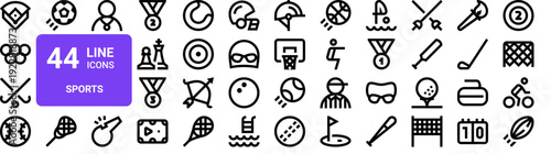 Set of 44 thin line sports icons. Baseball, hockey, golf, basketball, cricket, rugby, cycling, swimming. Vector illustration