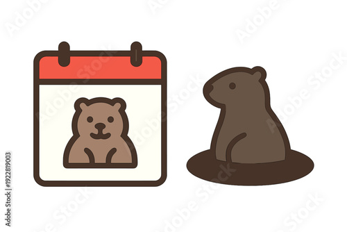 This flat cartoon icon set for Groundhog Day includes a calendar with a groundhog illustration and a separate groundhog peeking out from its hole on a dark background.