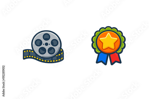 A colorful illustration featuring a movie film reel with a film strip next to a gold star award ribbon with blue and red tails, set against a solid black background.
