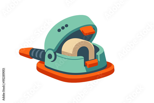 This stylized digital illustration shows a teal and orange futuristic gadget with a roll inside, featuring a hinged lid and a sleek design isolated on a solid black background.