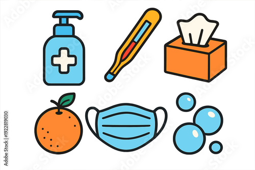 A collection of health and hygiene icons including a hand sanitizer bottle, a thermometer, a tissue box, an orange, a medical face mask, and soap bubbles on a black background.