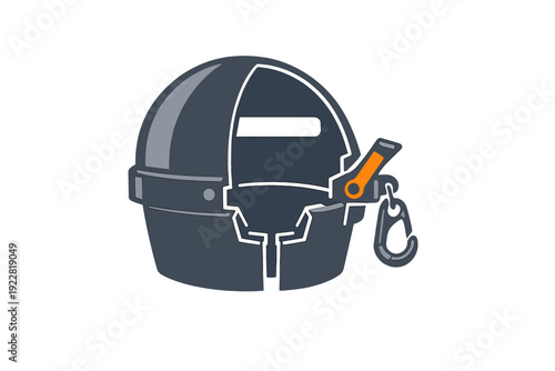 A flat illustration of a dark grey dome-shaped industrial container with a cutaway view showing its internal structure, featuring an orange lever and a carabiner attachment.
