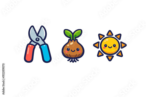 A set of three cute gardening icons featuring colorful pruning shears, a smiling plant bulb with green leaves, and a happy sun character isolated on a solid black background.