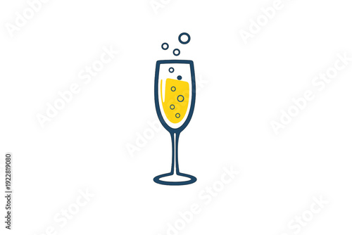 A minimalist illustration of a champagne flute filled with bubbly yellow liquid against a solid black background. The glass has a dark blue outline and stylized bubbles rising from the top.
