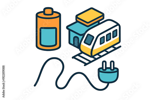 A minimalist graphic illustration featuring a battery icon, a modern train on tracks next to a station building, and an electric plug with a long cord on a dark background.