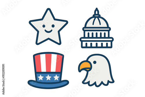 A set of four flat vector icons featuring a smiling star, the United States Capitol building, a patriotic top hat with stripes and stars, and a bald eagle head on a black background.