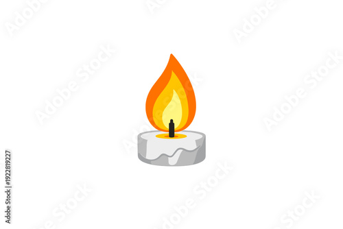 A single white tealight candle with a large orange and yellow flame burning brightly against a solid black background. The illustration shows a simple, clean graphic design.