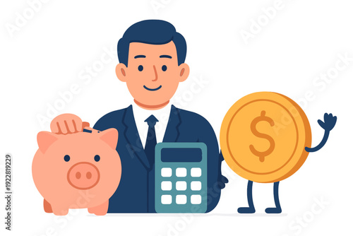 A friendly cartoon businessman in a blue suit stands with a pink piggy bank, a calculator, and a large gold dollar coin character to represent savings and financial planning.