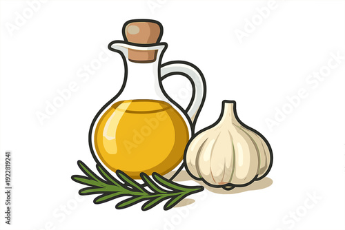 This cartoon illustration features a glass carafe of yellow oil with a cork stopper, a whole garlic bulb, and a green rosemary sprig isolated on a black background.