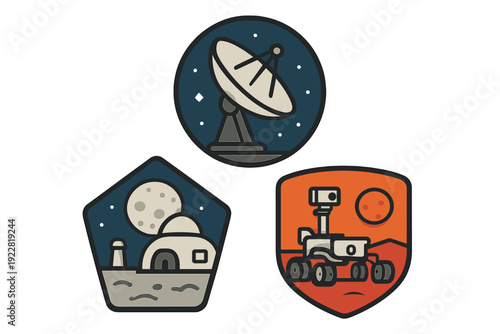 Set of three minimalist space exploration badges featuring a satellite dish, a lunar base habitat under a full moon, and a planetary rover on a red surface.