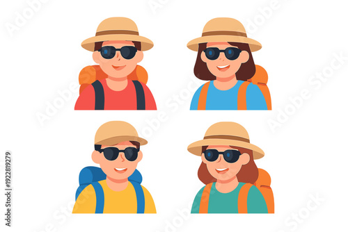 A set of four cartoon characters depicted as travelers or hikers wearing sun hats, sunglasses, and backpacks. The diverse group is shown in a flat vector style against a dark background.