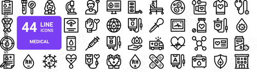 Set of 44 thin line medical icons. Blood donation, awareness, hospital, healthcare topics. Vector illustration pack with editable stroke