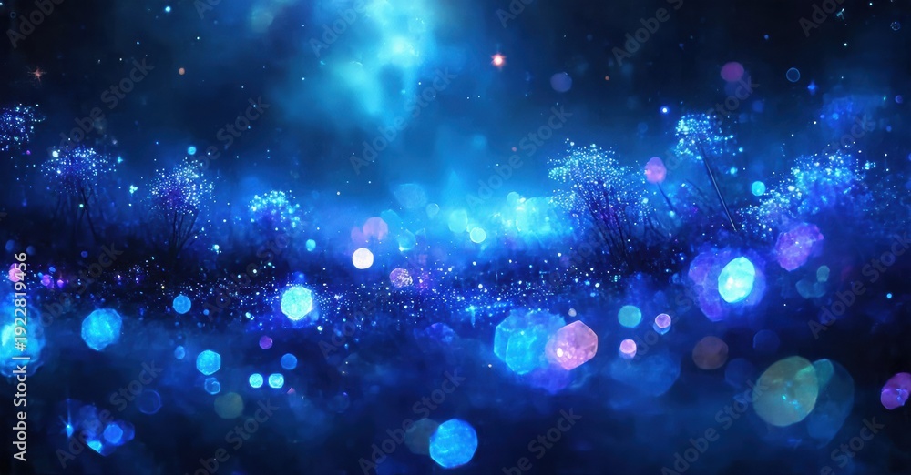 Fototapeta premium Vibrant blue landscape. Glowing orbs, distant trees, dreamy atmosphere. Stars shimmer, creating magical scene. Deep blues dominate.