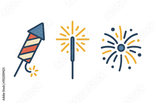 Three minimalist firework illustrations featuring a striped rocket, a glowing sparkler, and a circular explosion burst, all set against a dark black background.