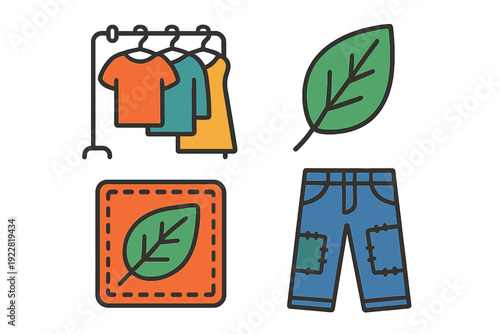 A set of four colorful icons representing sustainable fashion, including a clothing rack with garments, a green leaf, a leaf patch, and a pair of patched blue denim jeans on a black background.