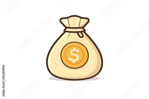 This vector illustration shows a beige sack filled with money, featuring a prominent gold coin with a dollar symbol on the front, set against a solid black background.