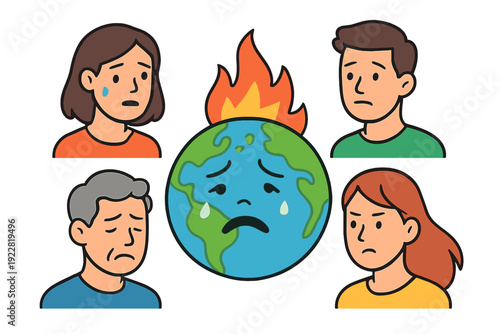 A cartoon illustration of a sad Earth on fire surrounded by four people with worried expressions, representing global warming and environmental concern on a black background.