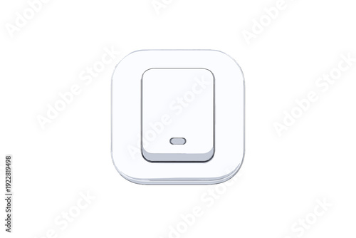A white electrical wall switch features a sleek rounded square design and a central rocker button with a small indicator light, isolated against a solid black background.