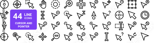 Set of 44 thin line cursor and pointer web icons. Outline vector illustration with click, select, arrow, hand, and navigation symbols for UI and interface design