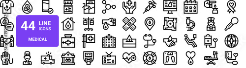Set of 44 thin line medical healthcare icons. Hospital, donation, nurse, ambulance, chat, t-shirt. Vector outline illustration pack