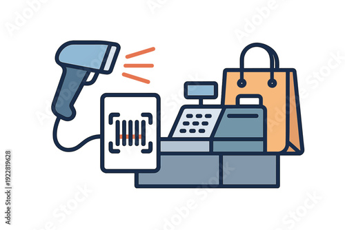 A flat vector illustration of a retail checkout counter featuring a cash register, a handheld barcode scanner, a digital screen with a barcode, and a paper shopping bag.