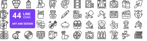 Set of 44 thin line art and creativity icons. Modeling, graphic design, music, film, painting, sculpture. Vector outline illustration pack for web and digital projects