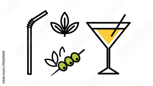 Cocktail ingredients and bar accessories set including martini glass, olives, straw, and leaves for menu designs and summer party themes.