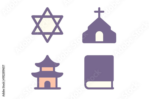 A set of four flat vector icons representing different religious symbols and buildings, including a Star of David, a church with a cross, a pagoda temple, and a holy book.