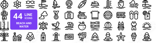 Set of 44 thin line beach and water sports icons. Lifebuoy, wetsuit, kitesurf, surfboard, lighthouse. Outline vector illustration pack for web